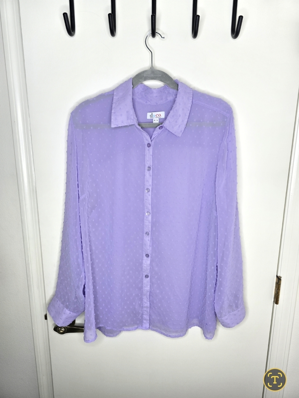 Denim&Co Lavender Swiss Dot Button-Front Sheer Roll Tab Sleeve Blouse XL